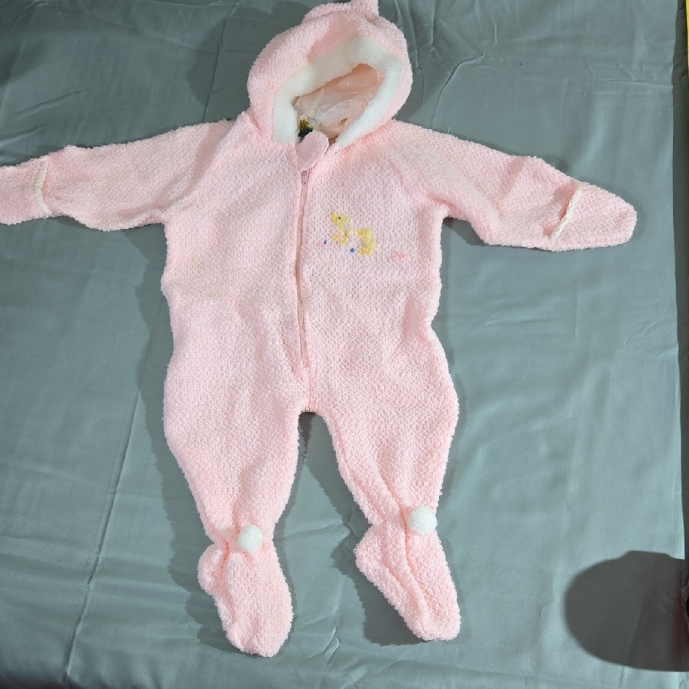 Vintage JCPenney Pink Knit Toddle Time Baby Footed Onesie Hoodie With Ducks
